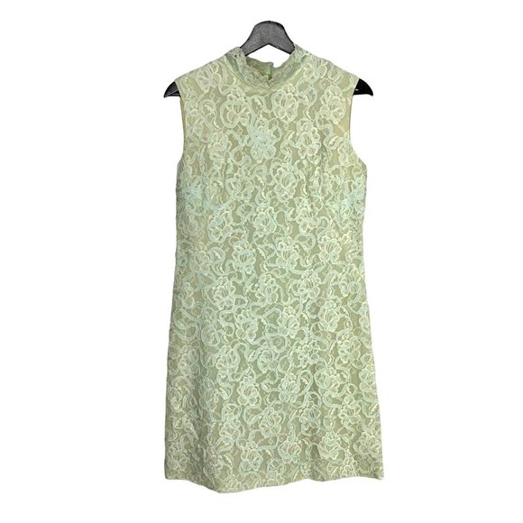 Vintage 60s Mint Green Lace Sleeveless Shift Above Knee Dress Medium - Picture 1 of 6